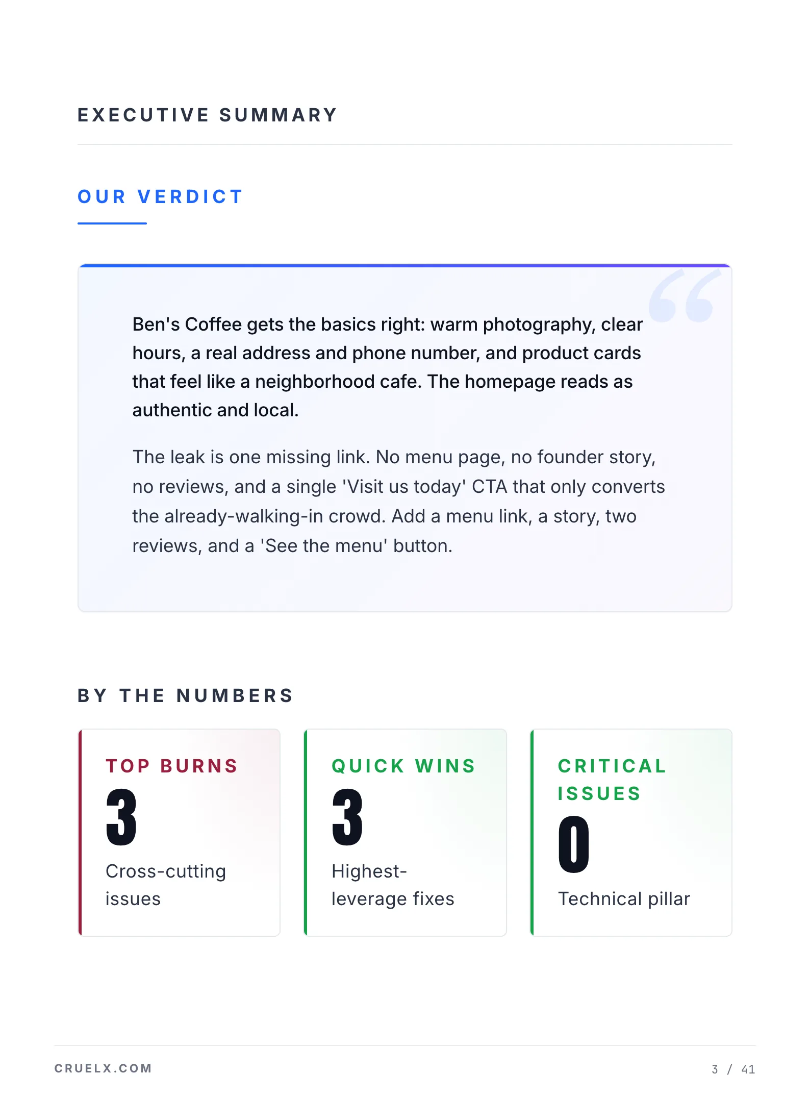 Cruelx website audit report: executive summary page