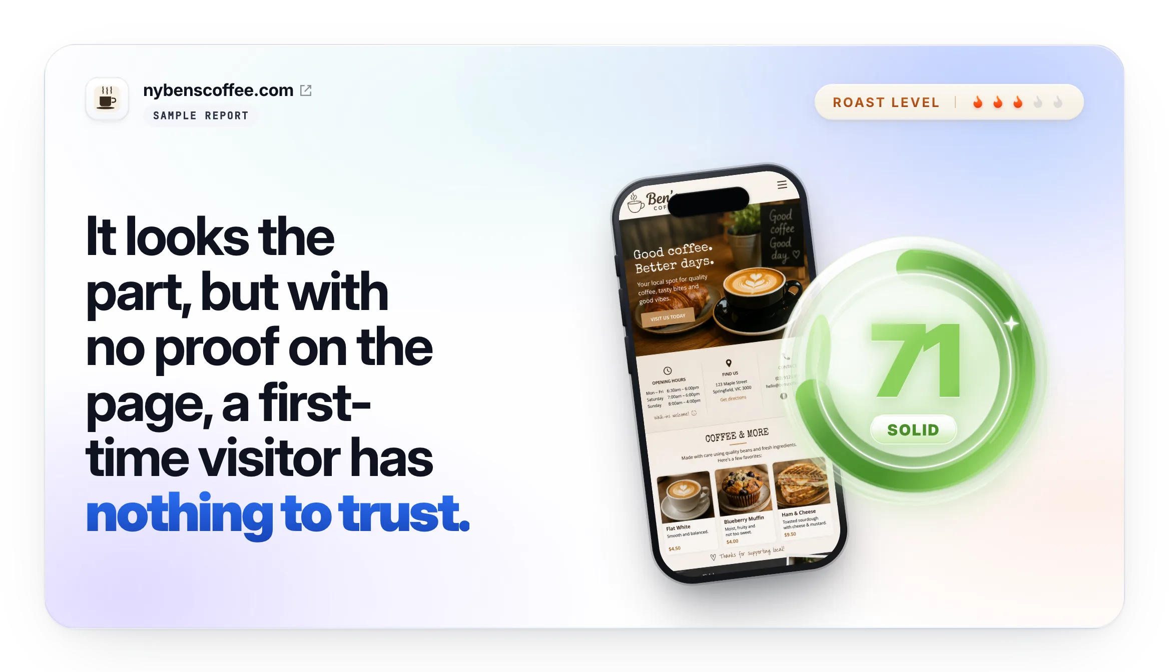Sample Cruelx website audit: nybenscoffee.com scored 71 (Solid), with the headline verdict and a mobile screenshot.