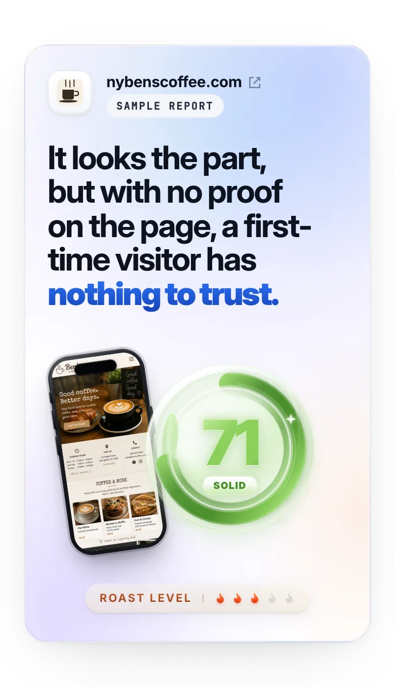 Sample Cruelx website audit: nybenscoffee.com scored 71 (Solid), with the headline verdict and a mobile screenshot.