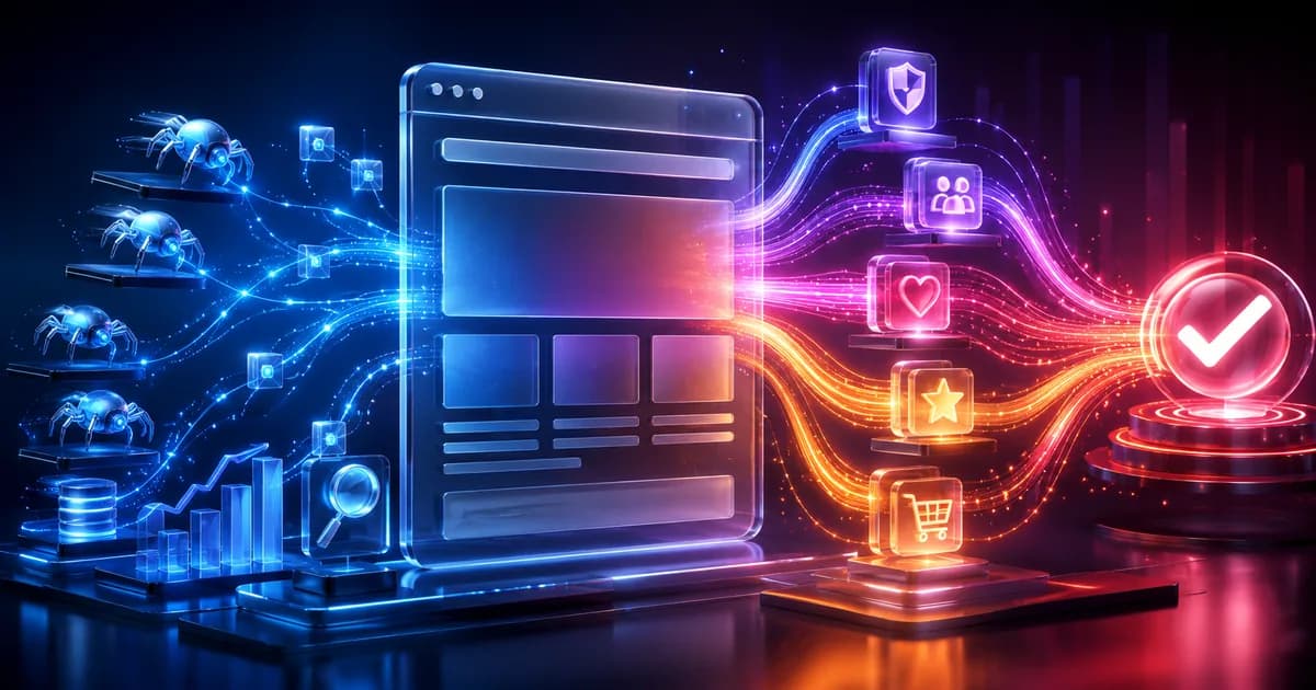 Search crawlers scanning a webpage from one side while trust, review, and purchase signals flow from the other.