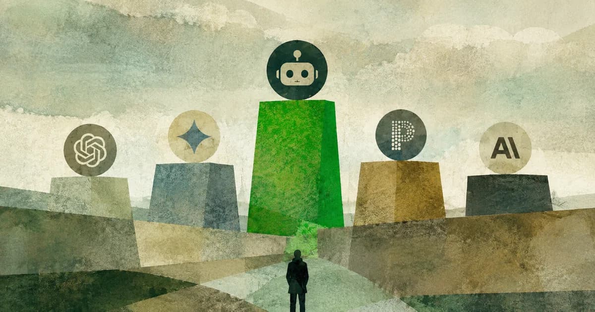 A person comparing 5 AI assistant icons on pedestals, weighing the best AI visibility tools.