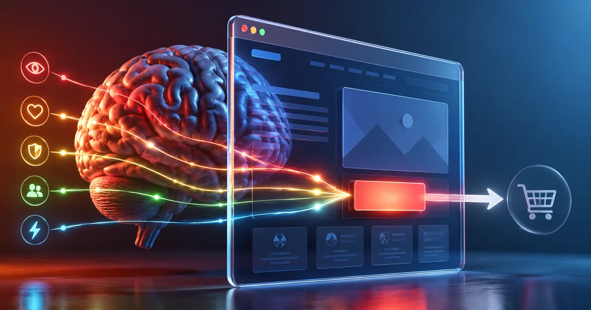 Buyer psychology levers wired from the brain into a website call to action, turning visitor attention into a purchase.