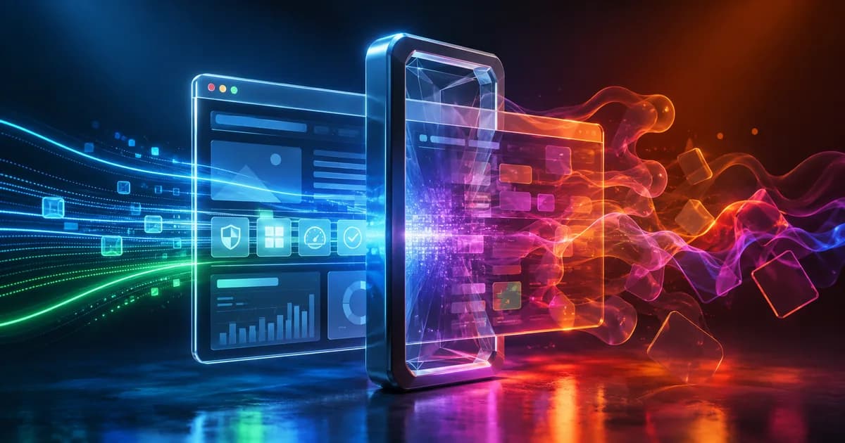 Desktop and mobile views of a website analyzed together as audit data flows through both screens.