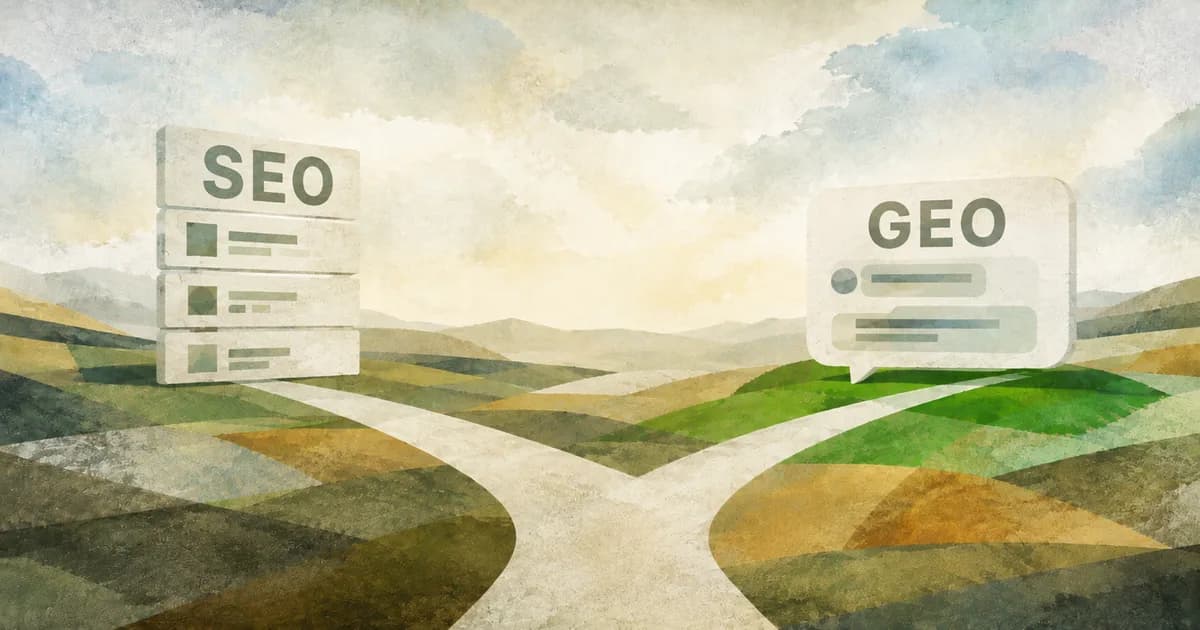 A path forking toward ranked SEO search listings on one side and a GEO AI answer bubble on the other.