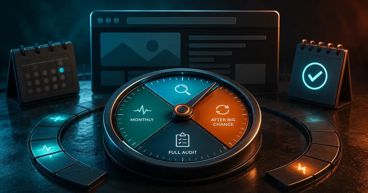 Audit schedule dial split into monthly checks, a full audit, and re-audits after big changes, beside a webpage and calendars.