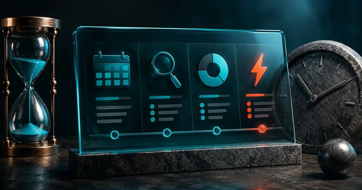 Website audit timeline with calendar, inspection, and alert stages set between an hourglass and a clock.