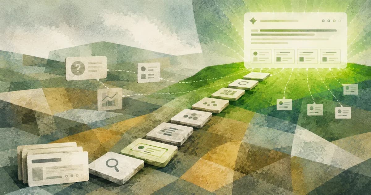 A path of content stepping stones leading up to a glowing AI Overview panel with its row of cited source cards.