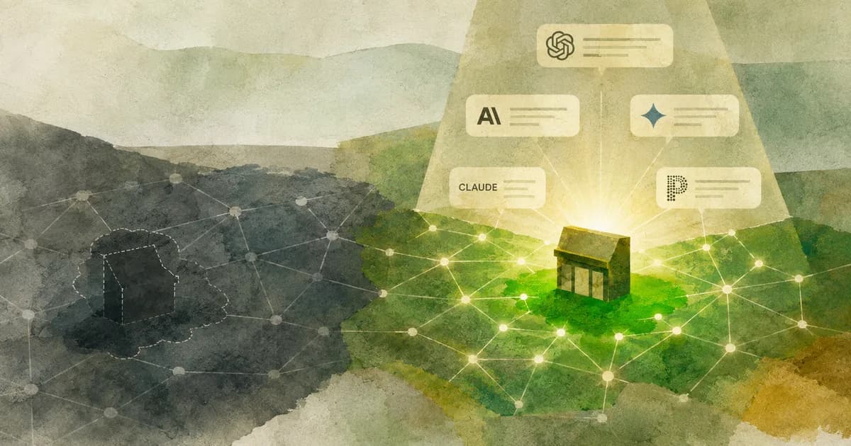 A business lit up in a glowing AI knowledge graph while a competitor nearby sits dark and invisible.