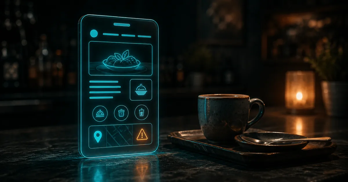 Restaurant website on a phone with menu, food photo, map, and a warning flag, beside an espresso cup on a cafe counter.