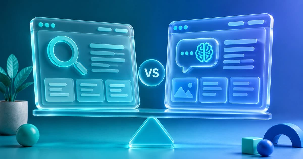 Traditional SEO signals compared beside AI search discovery signals.