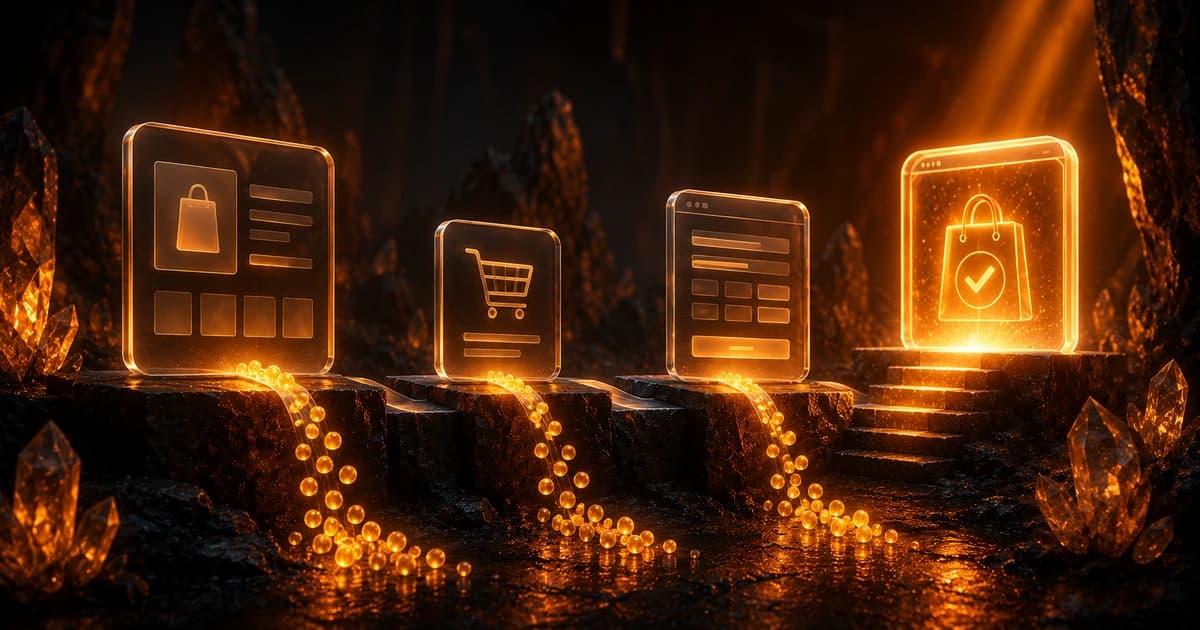 Shopify funnel stages (product, cart, checkout, payment) leaking sales like spilling coins.