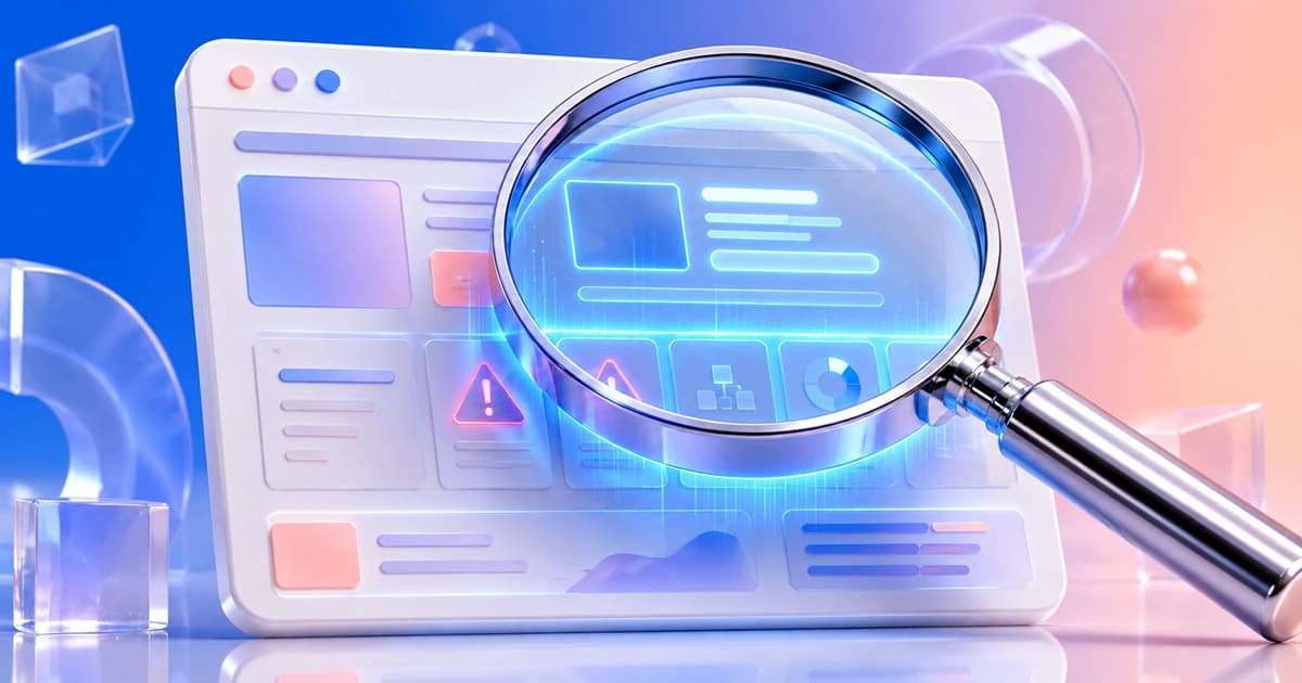 Magnifying glass inspecting a webpage and surfacing the hidden issues a website audit reveals.