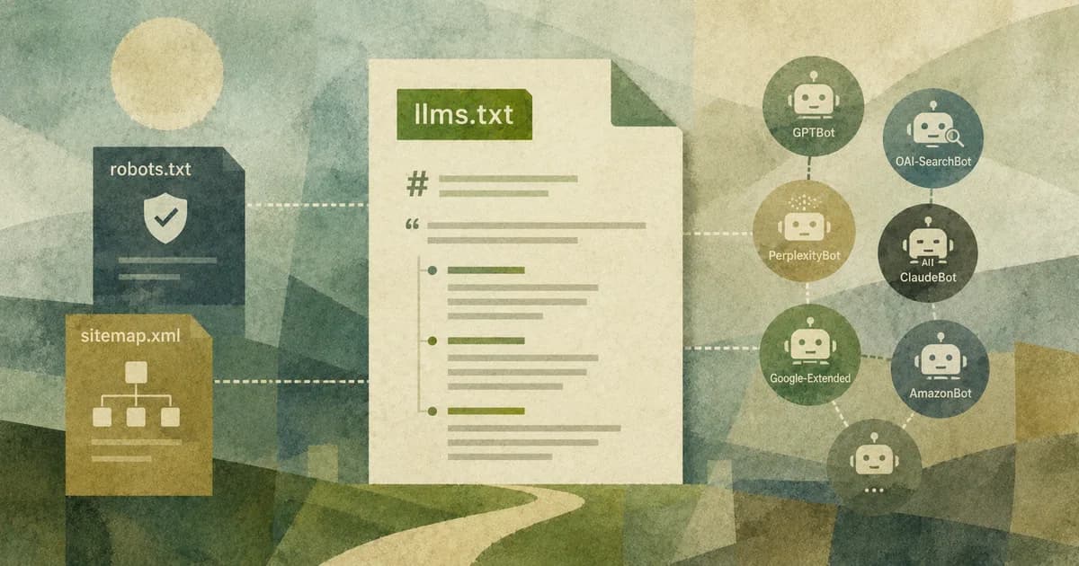 An llms.txt file with markdown summary lines beside robots.txt and sitemap.xml, ringed by AI crawler icons named GPTBot, OAI-SearchBot, PerplexityBot and ClaudeBot.