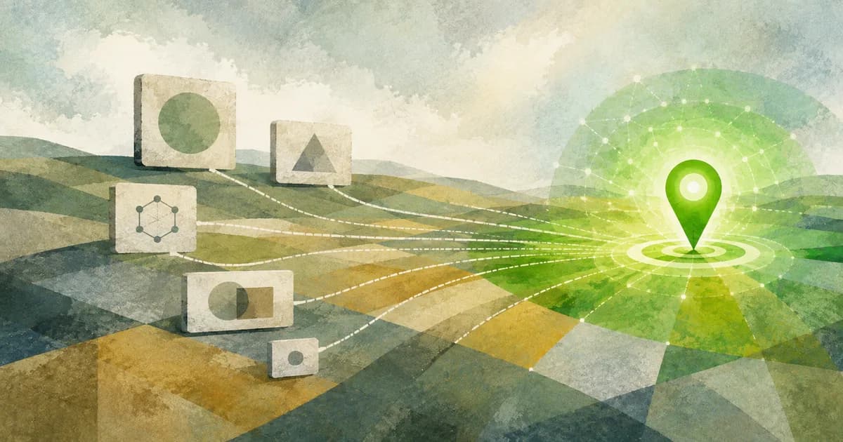 Tiles carrying different symbols joined by dotted paths that all converge on one glowing marker, the many names for SEO for AI arriving at one practice.