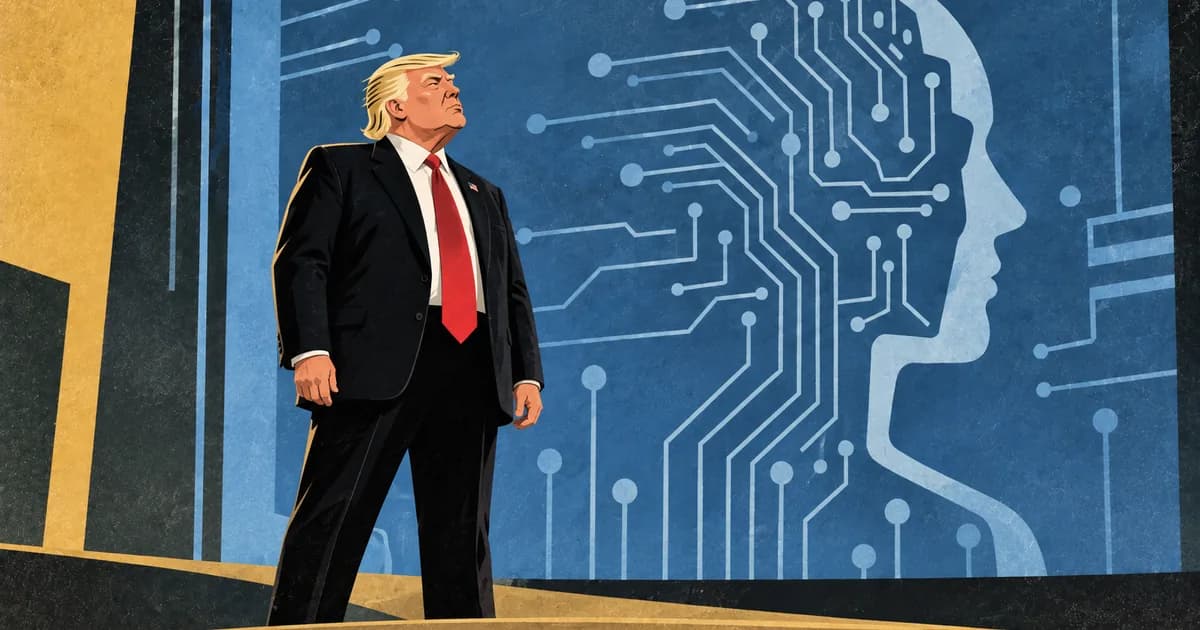 Trump standing before a circuit-board silhouette of a head, the superintelligence AI concept behind the SI rename