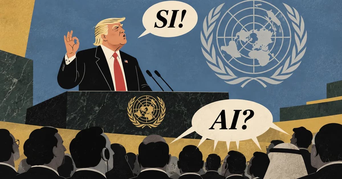 Trump at the UN General Assembly podium announcing SI, super intelligence, as the audience asks AI?