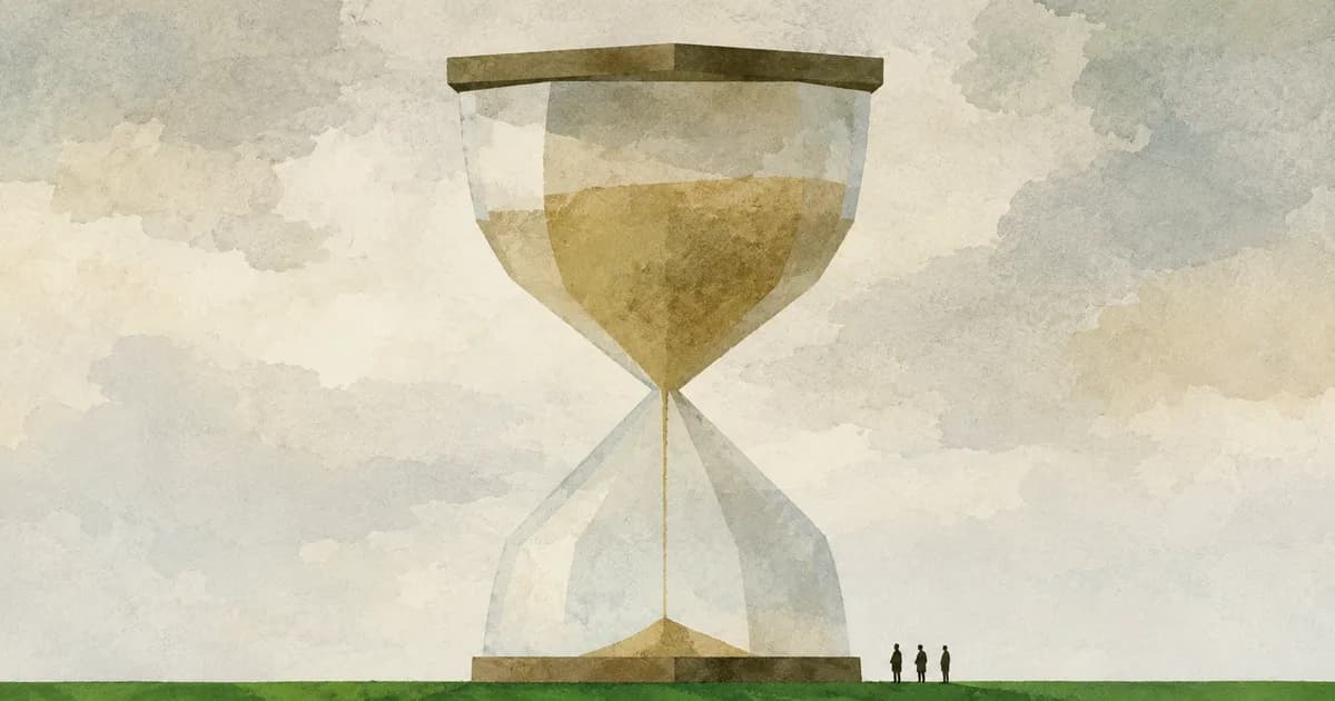 Tiny visitors waiting beside a giant hourglass as sand trickles through: a slow website keeping people waiting.