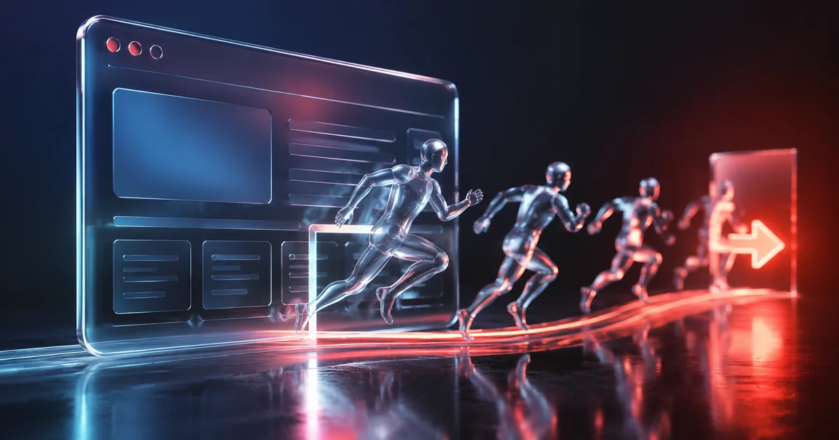 Visitors running away from a website toward a glowing exit within seconds of arriving.